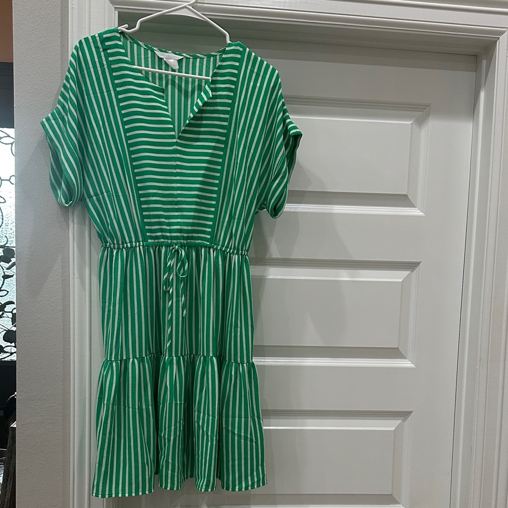 London Times Green and White Striped Kids Dress
